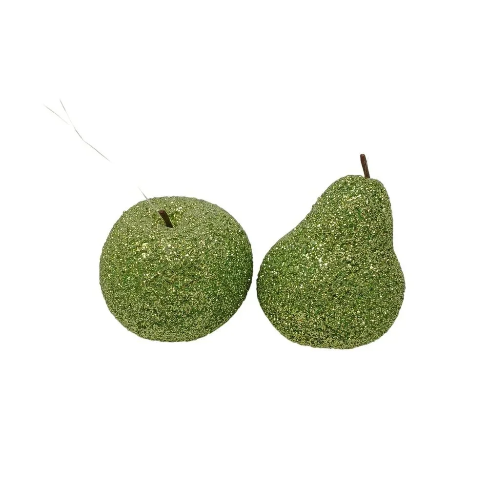 Sparkly Green Glitter Apple & Pear Ornament Set For Decor #D-13